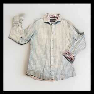 David Smith Australia Striped luxury Linen Button Up LS Blue Shirt Flip Cuff M
